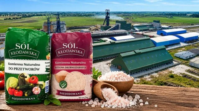 Sól z Kłodawy w opakowaniu na tle kopalni soli Kłodawa